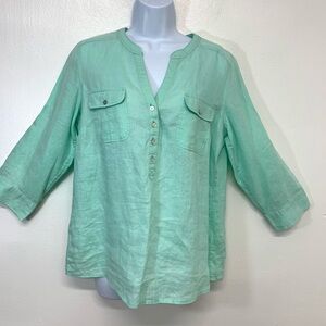 M & S Blouse Woman 8 Flax Linen Pop Over Mint Green 3/4 Roll Tab Vacation Summer